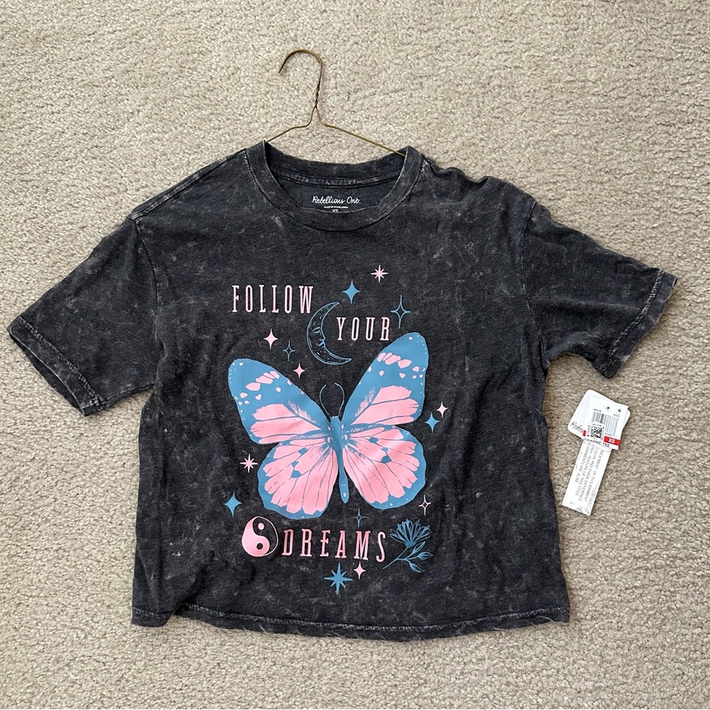 Rebellious One Black and Pink Butterfly Graphic Tee